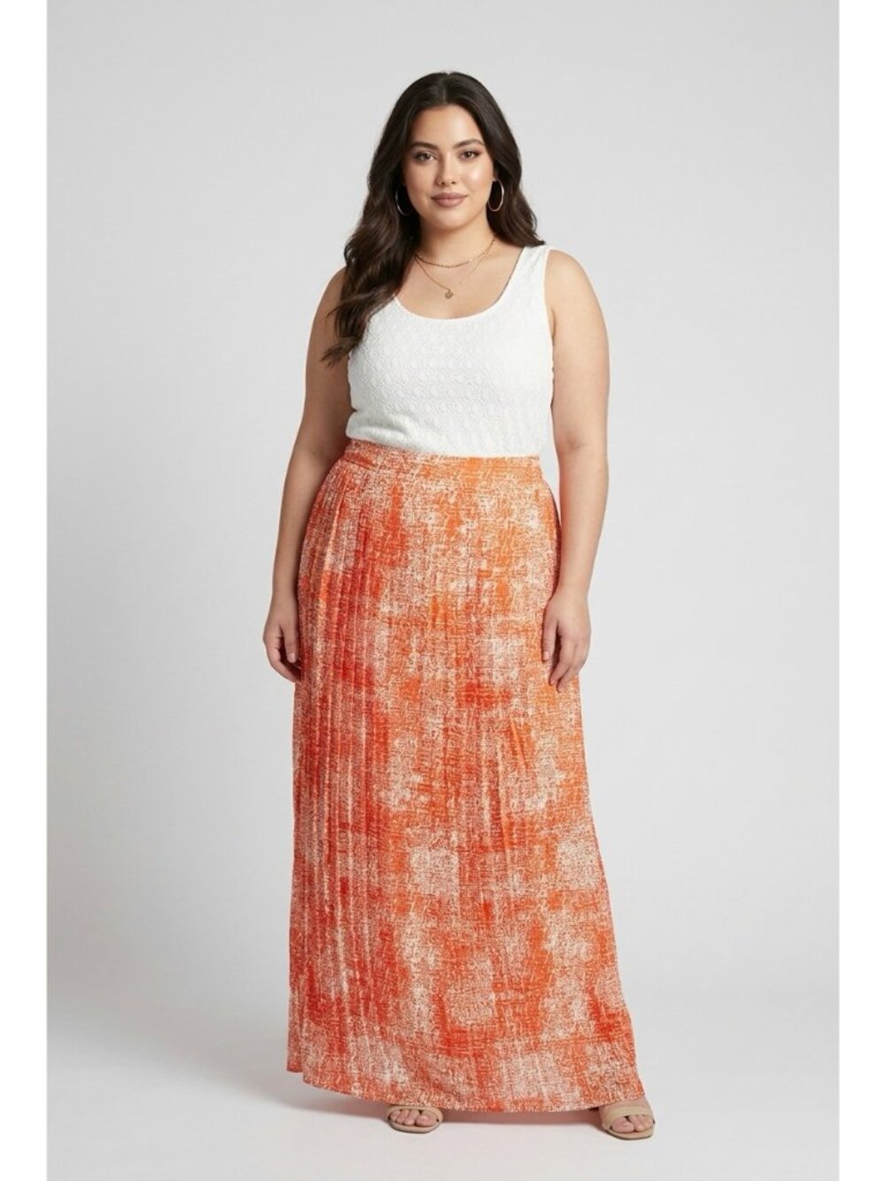 Nwt MYNT 1792 High Waisted Pleated Georgette Maxi Skirt Orange Cream 20W Plus